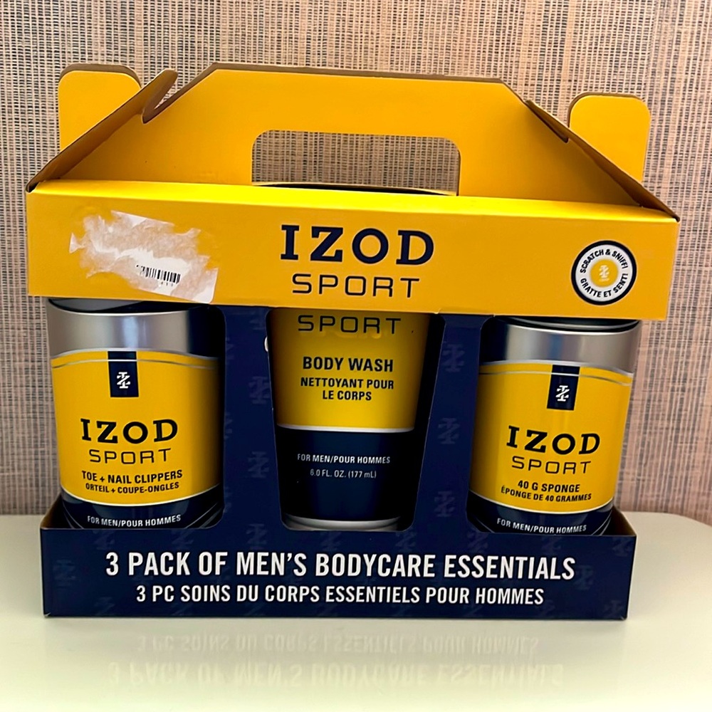 NEW IZOD 3-pack Men's bodycare items: toe & nail clippers, body wash, 40G sponge